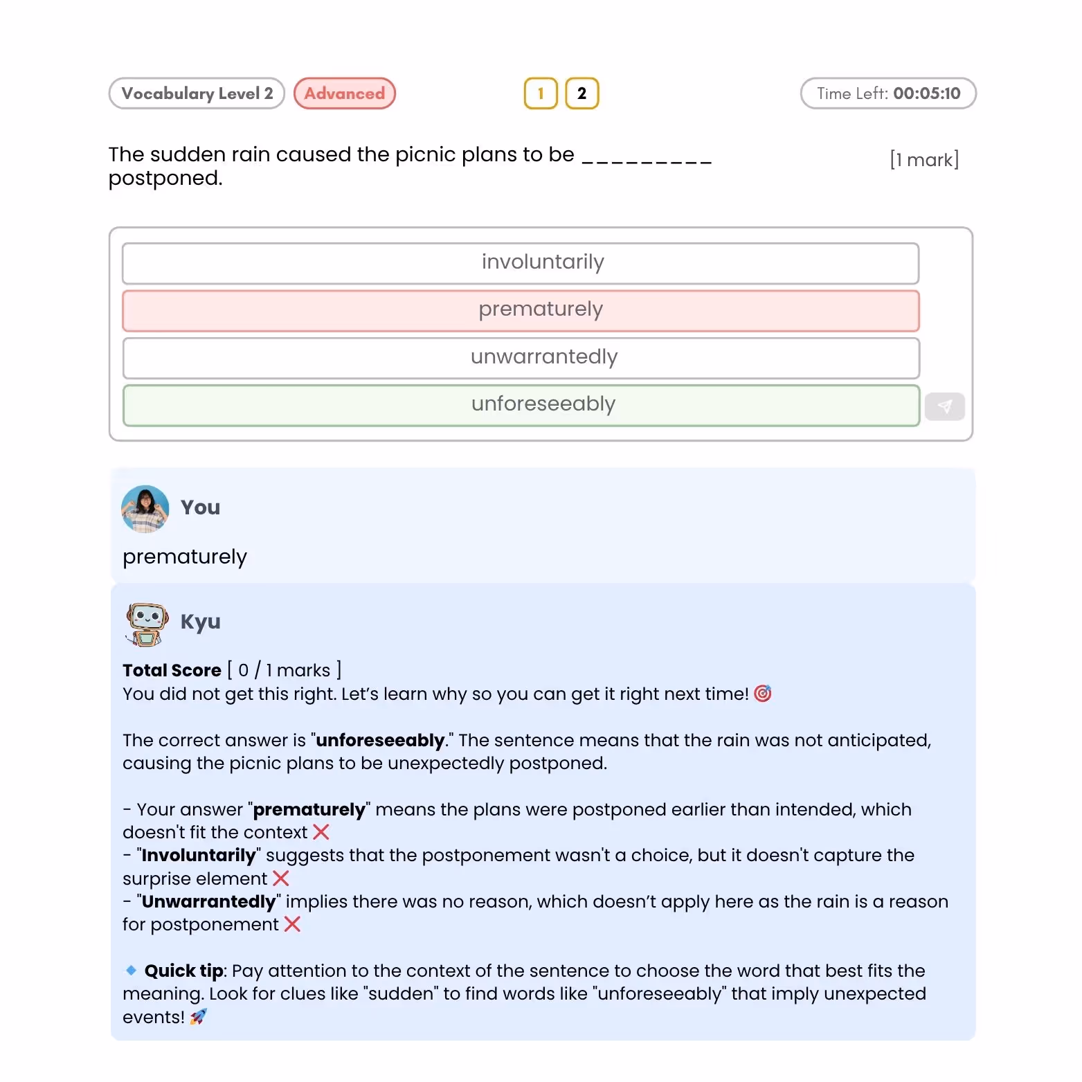 PSLE Vocabulary advanced MCQ practice screenshot from Luminee Learning, designed for P4–P6 students.