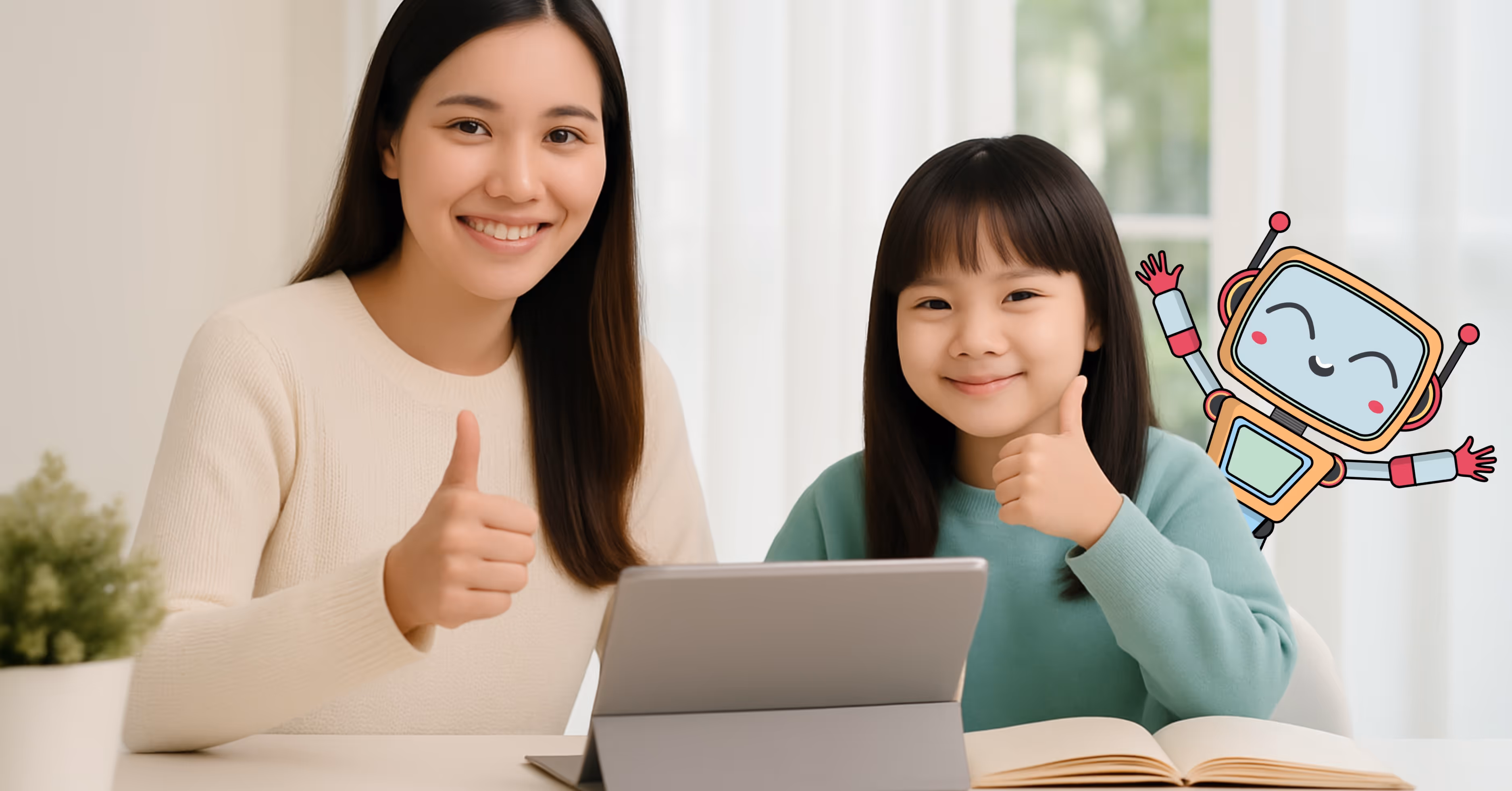 A mother and daughter giving thumbs up while using Luminee Learning’s PSLE Science Revision Packs on a tablet.