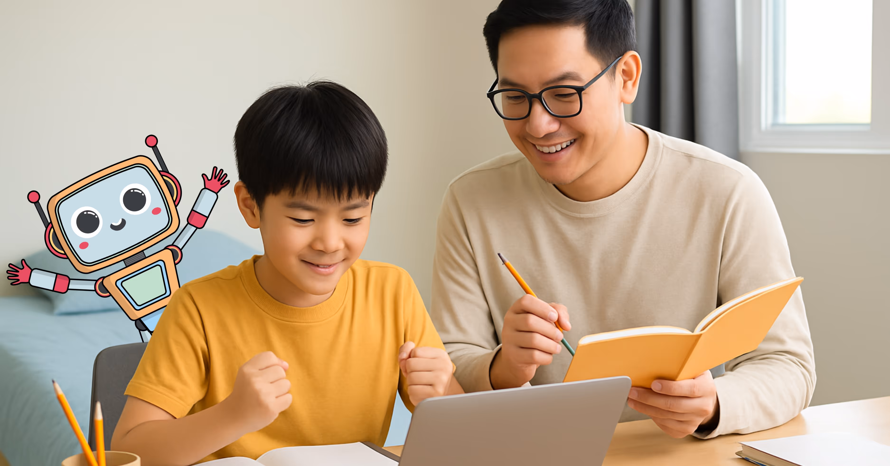 A father and son being highly engaged using Luminee’s Learning’s PSLE Math & Language Revision Pack on a laptop.