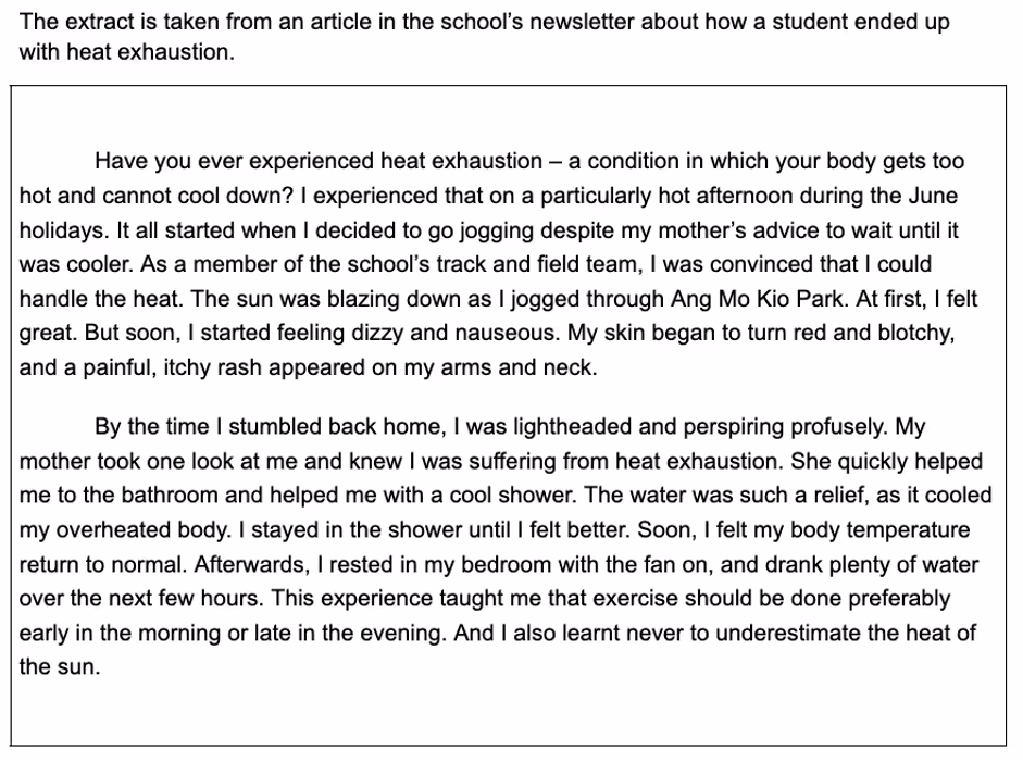 An image of an example of PSLE’s text-only comprehension