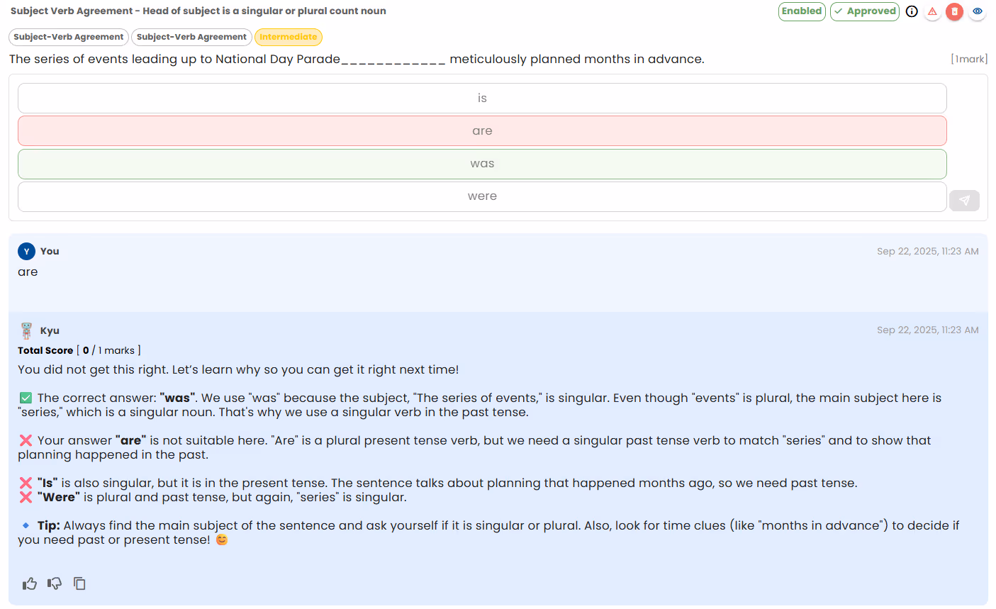 PSLE English question examples on subject-verb agreement and compound subject confusion, with correct answers explained.