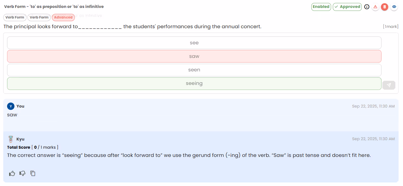 Advanced PSLE English question on verb form usage, testing grammar accuracy in exam-style context.