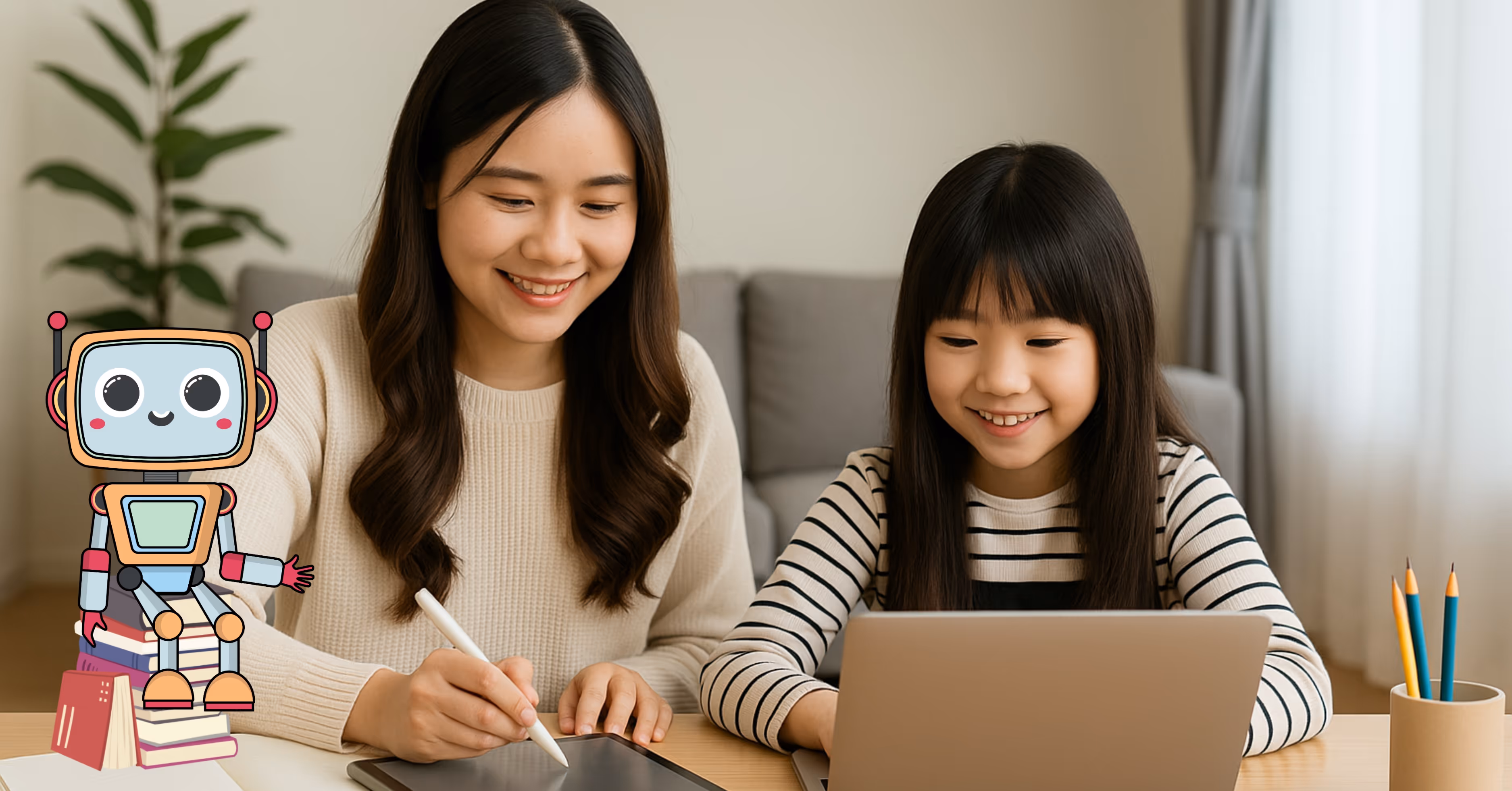Primary school girl revising PSLE English grammar and vocabulary with her mother on Luminee Learning platform using a laptop.