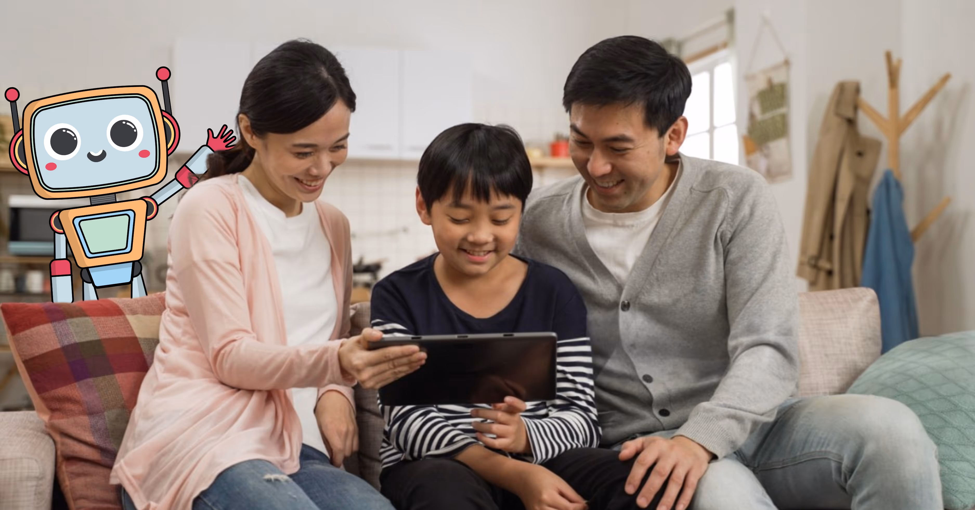 A Singaporean family studies together at home using Luminee Learning’s AI coach, Coach Kyu, for personalised exam revision on an iPad.