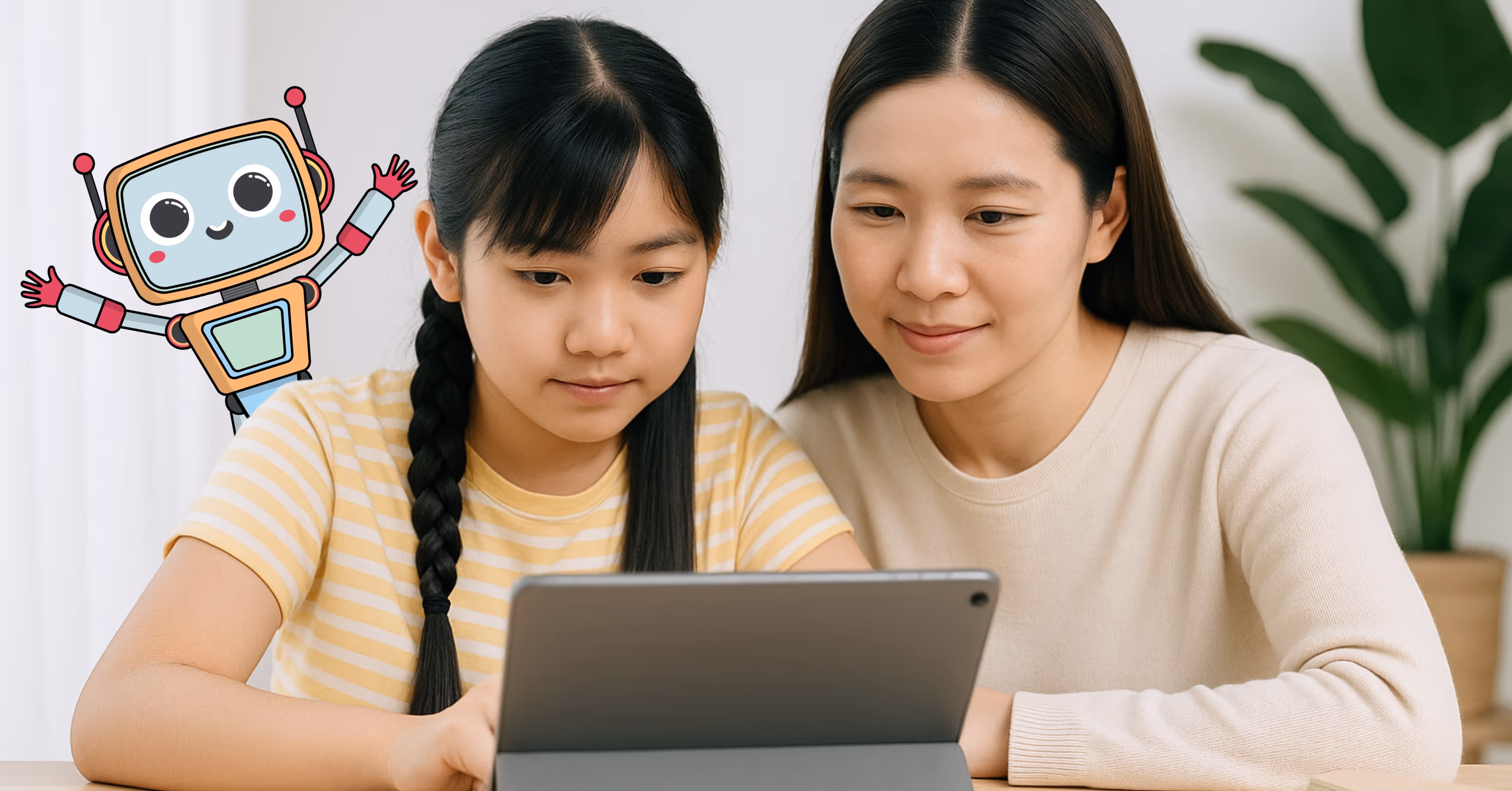 Parent supporting child using Luminee’s AI learning app for PSLE preparation at home.