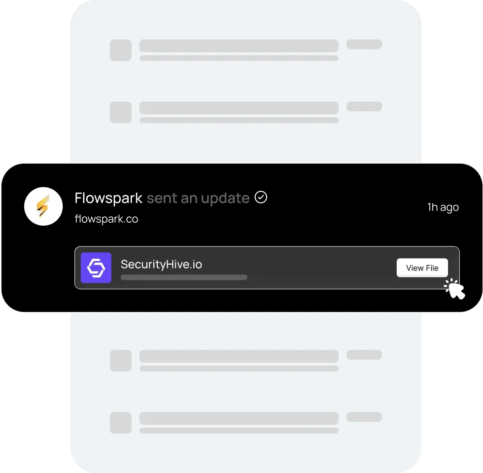 Lightning-fast website performance notification from Flowspark showing SecurityHive.io project update with file sharing progress bar and view file button