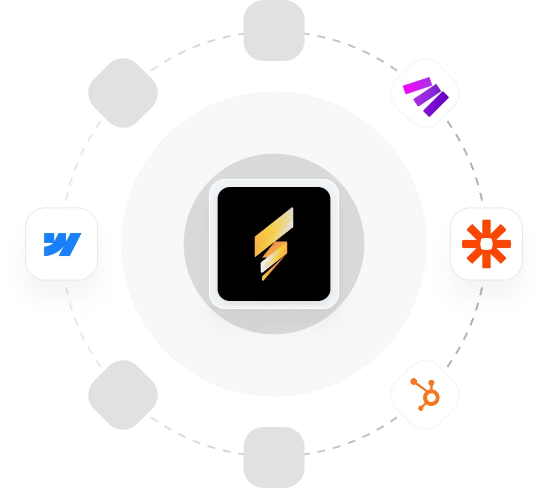Third-party integrations ecosystem diagram showing connected apps and services orbiting around central lightning bolt logo with workflow automation