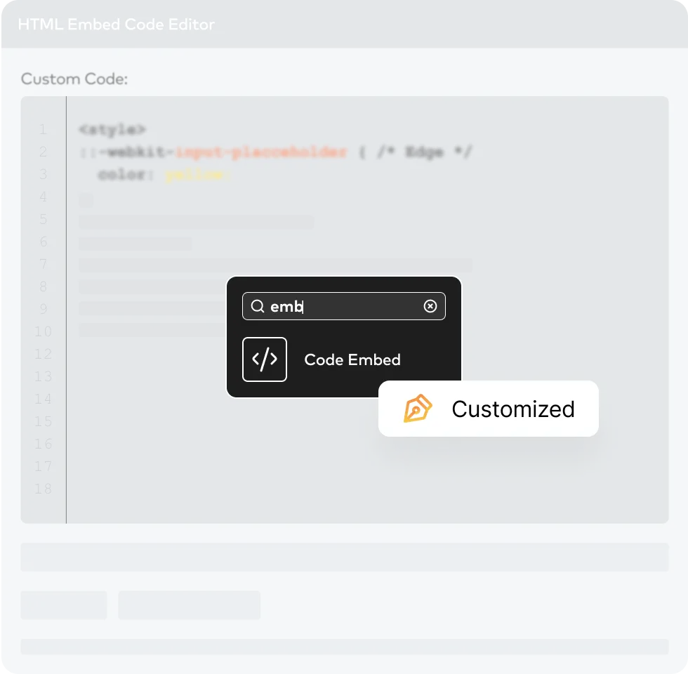 HTML embed code editor interface with dark theme showing CSS styling code for webkit input placeholder with yellow color highlighting and code embed dialog box