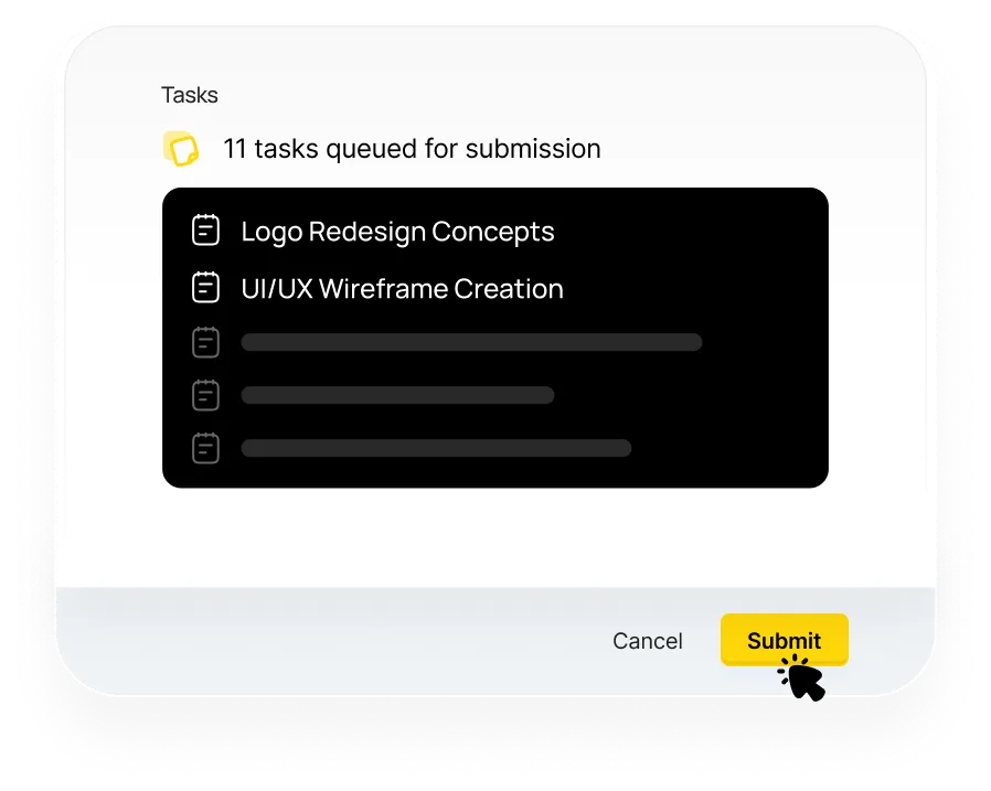 Project task submission interface showing 11 queued tasks including logo redesign concepts and UI/UX wireframe creation with yellow submit button
