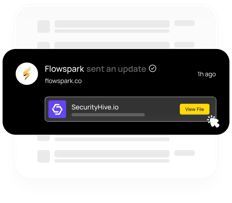 Flowspark project update notification showing SecurityHive.io file sharing with yellow view file button and timestamp