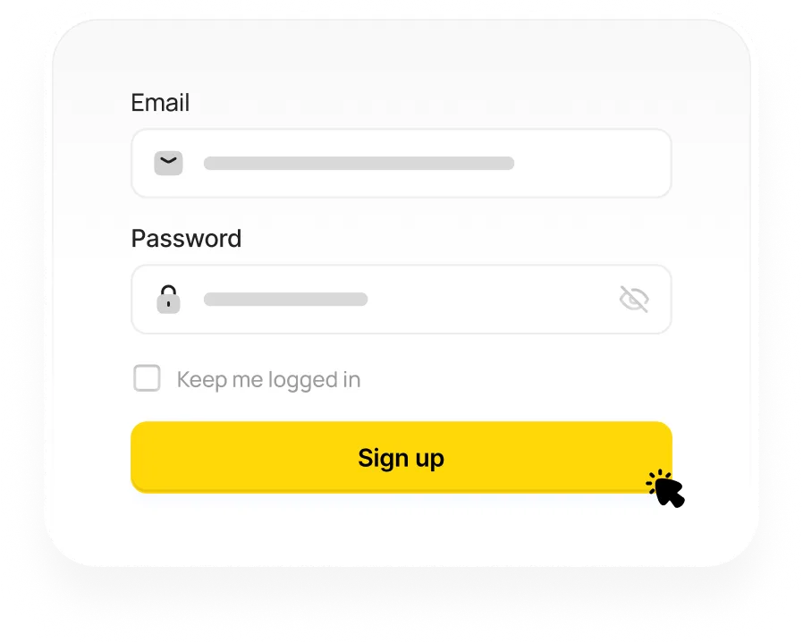 User registration form with email and password input fields, keep me logged in checkbox, and yellow sign up button