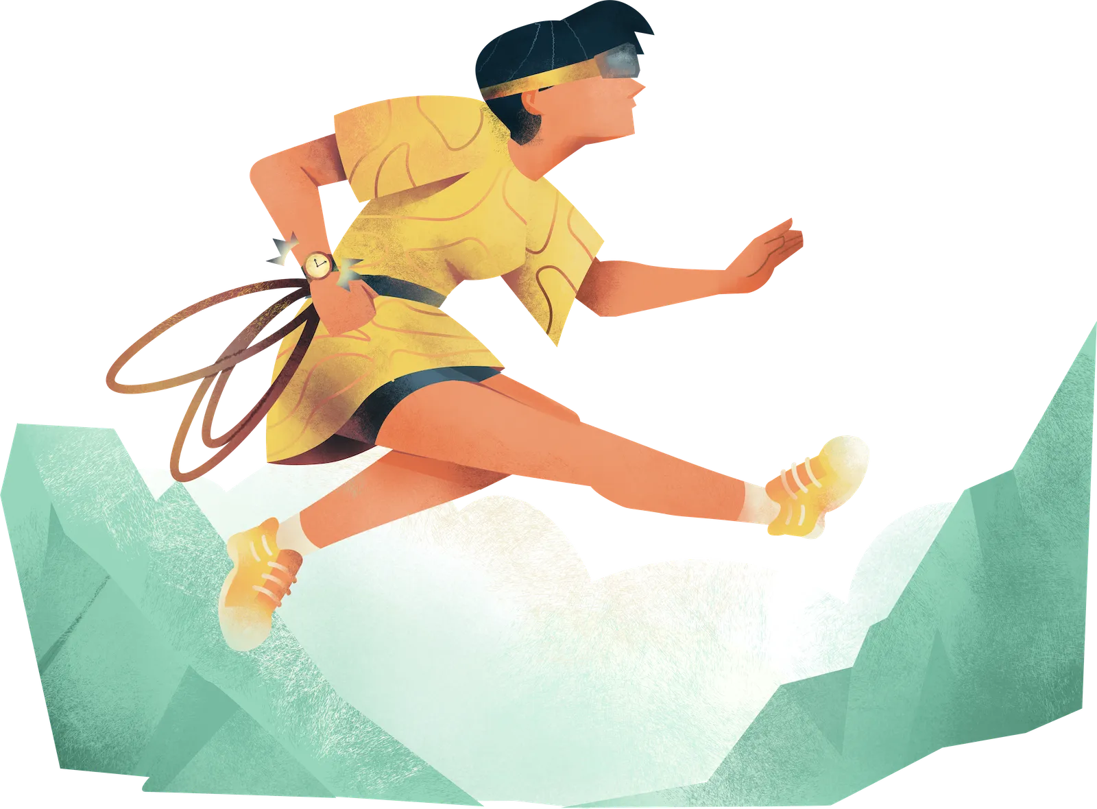 Woman runner in yellow shirt jumping across mountain gap with backpack, illustrating overcoming challenges and achieving goals