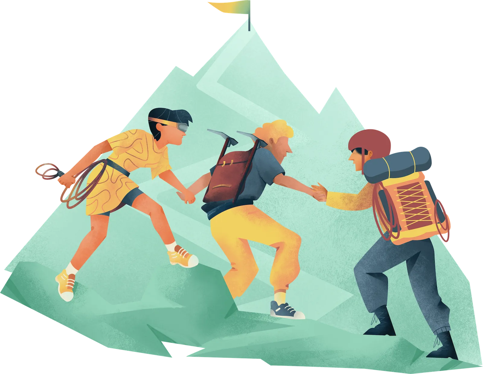 Three mountain climbers with backpacks and climbing gear working together to reach summit with flag, representing teamwork and achievement