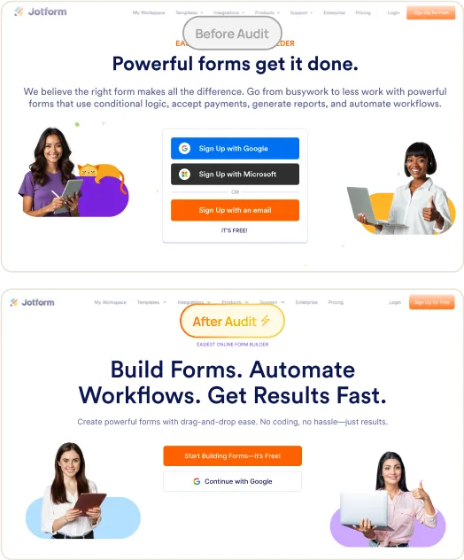 JotForm website before and after audit comparison showing improved form builder interface and user experience design