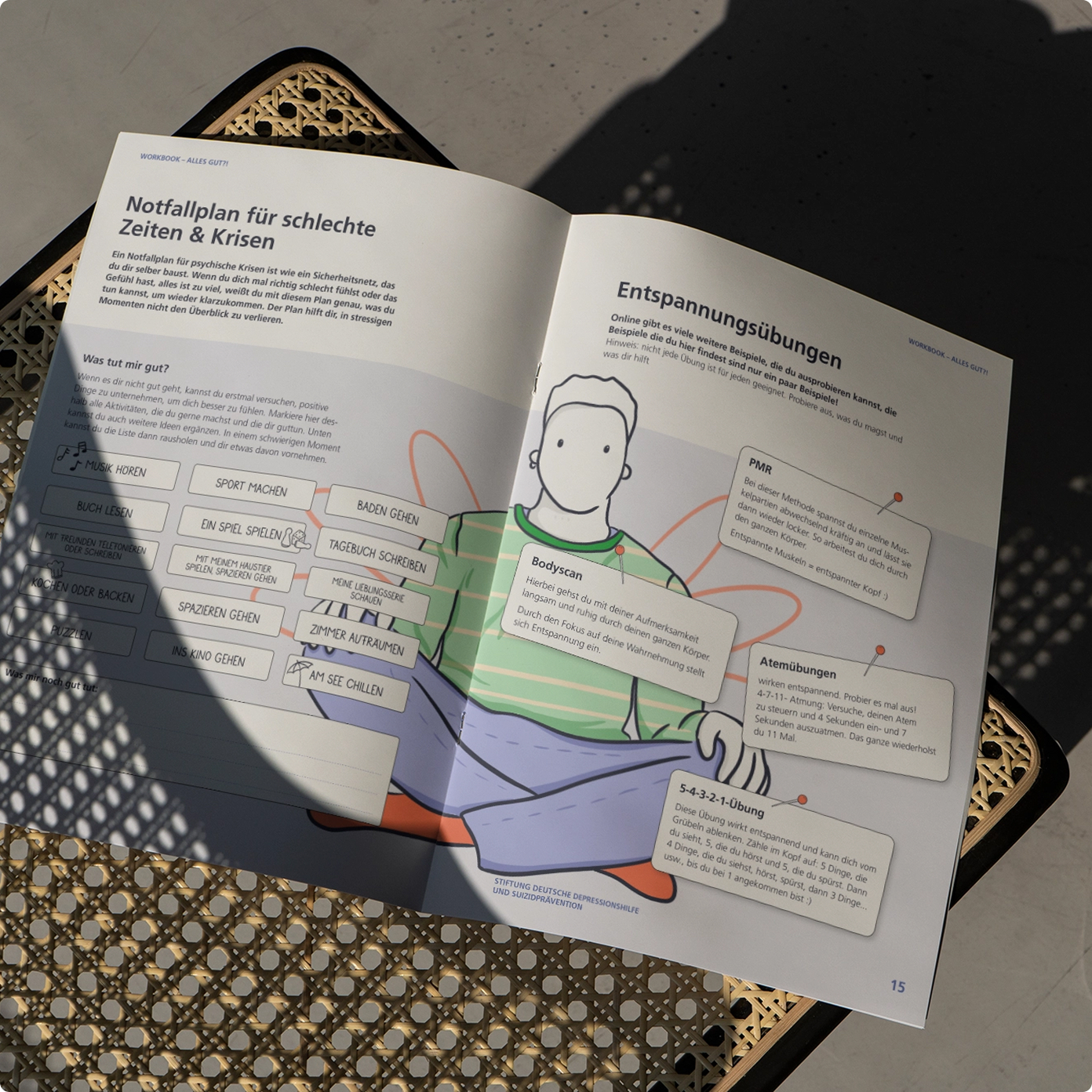 Workbook spread for students showing emergency plan for crises and relaxation exercises with illustrated character and practical tips.