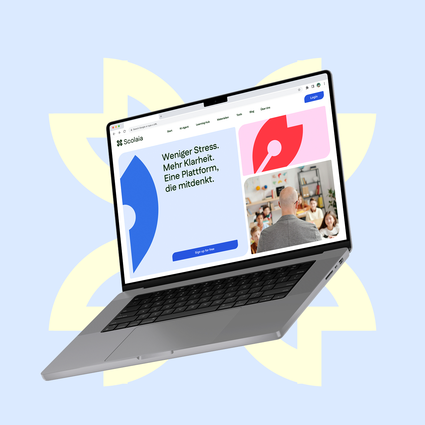 Mockup of a laptop displaying the Scolaia website homepage with the tagline “Less stress. More clarity. A platform that thinks along,” shown on a blue and yellow patterned background.