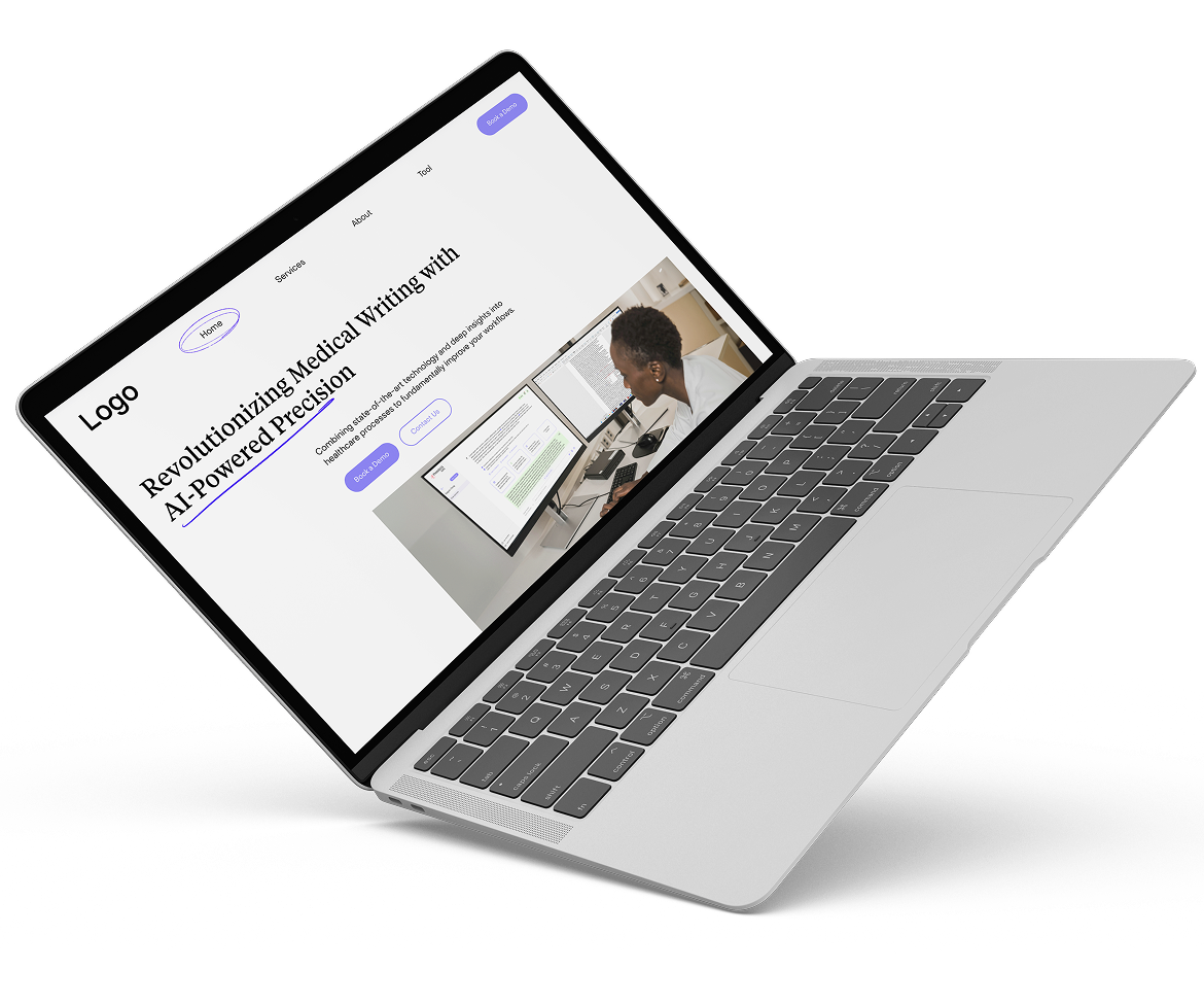 Angled view of a laptop showing a website design for a medical writing platform with the headline “Revolutionizing Medical Writing with AI-Powered Precision.”