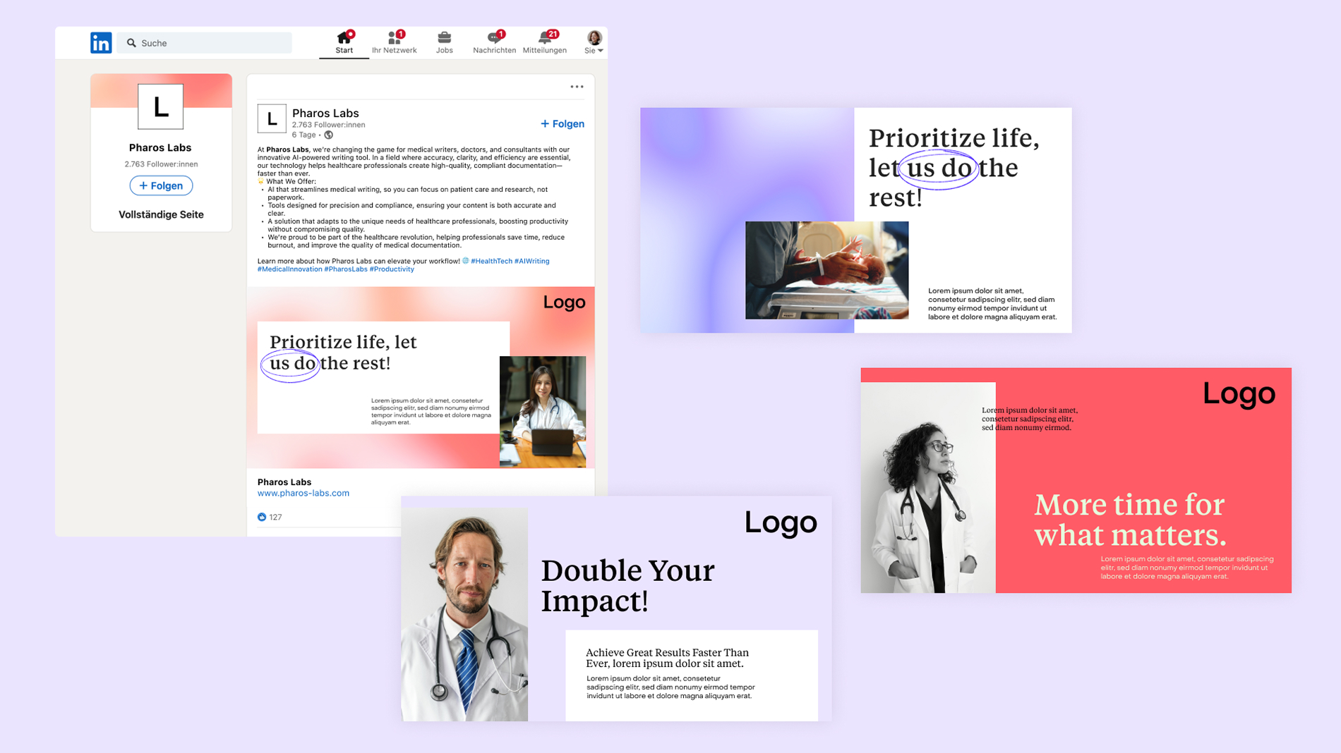 Collection of LinkedIn and social media mockups for Pharos Labs, with posts featuring doctors, healthcare professionals, and slogans like “Prioritize life, let us do the rest,” “Double Your Impact,” and “More time for what matters.”