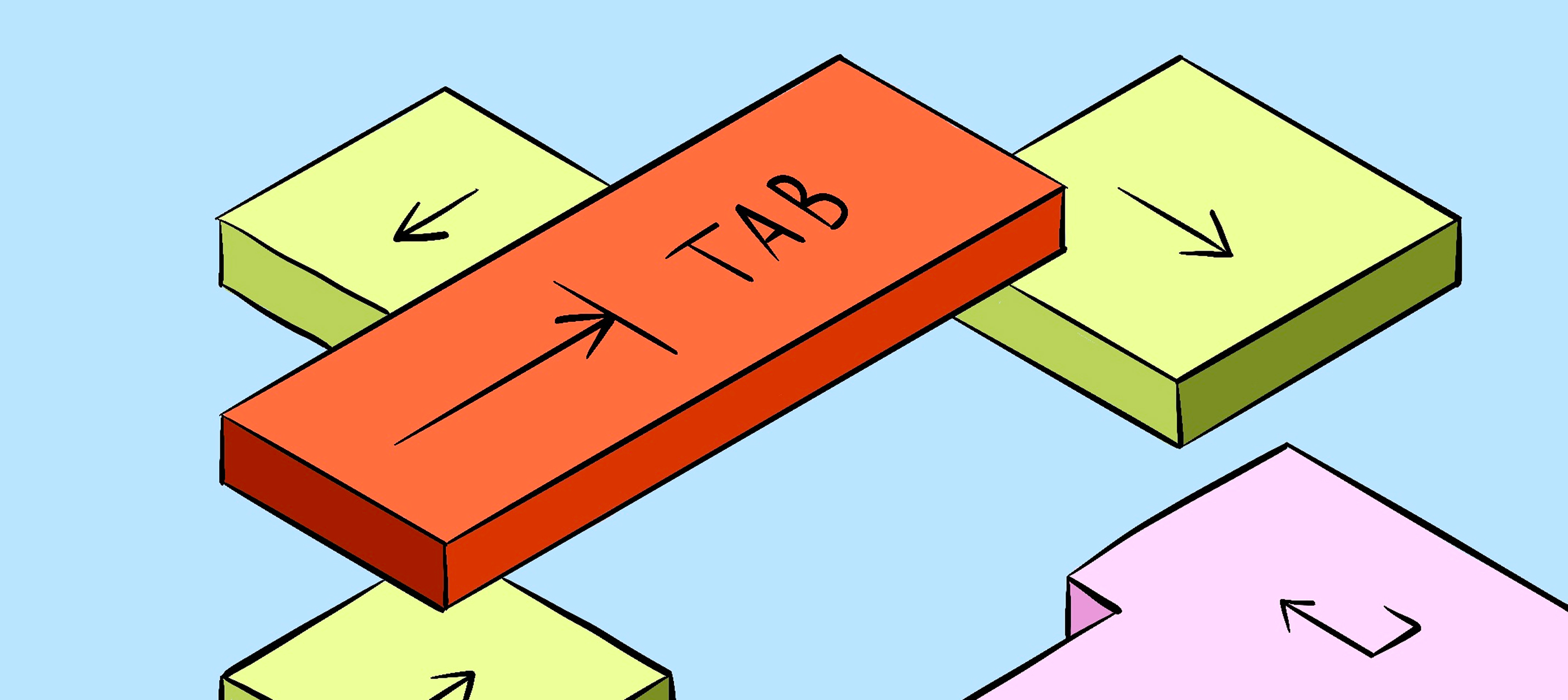 Illustration of a large orange “Tab” key surrounded by smaller green and pink keys with arrows, on a blue background.