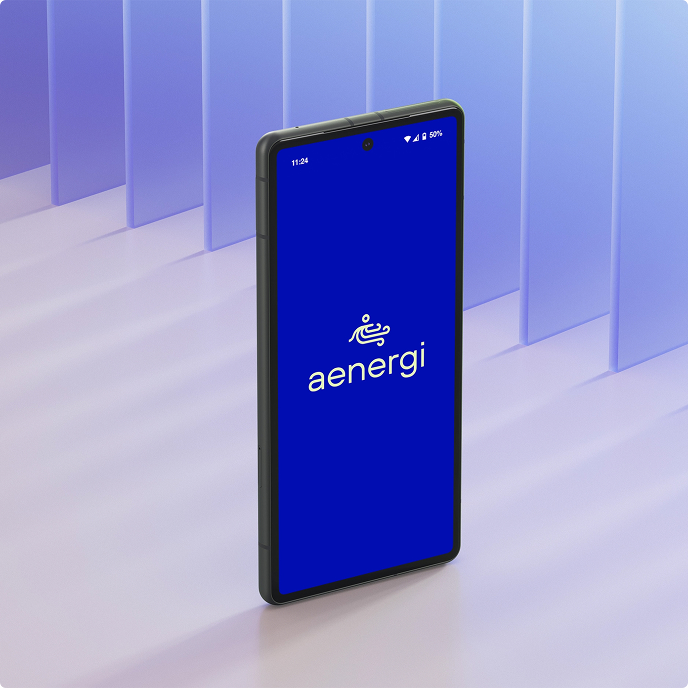 A smartphone displays the aenergi logo on a bright blue screen, set against a modern gradient background, representing clean design and digital accessibility.
