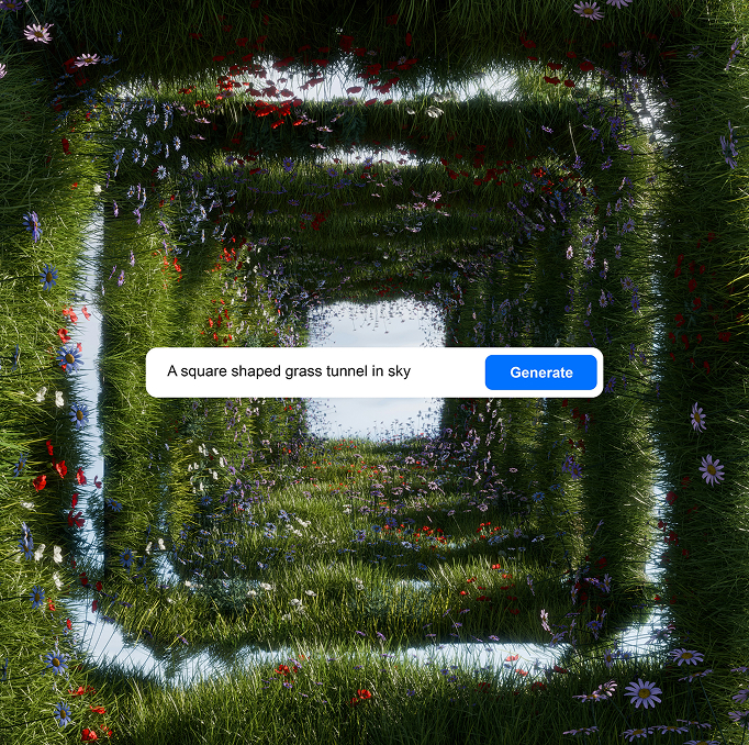 3D-generated surreal square tunnel made of grass and flowers with a floating search bar that says “A square shaped grass tunnel in sky”.