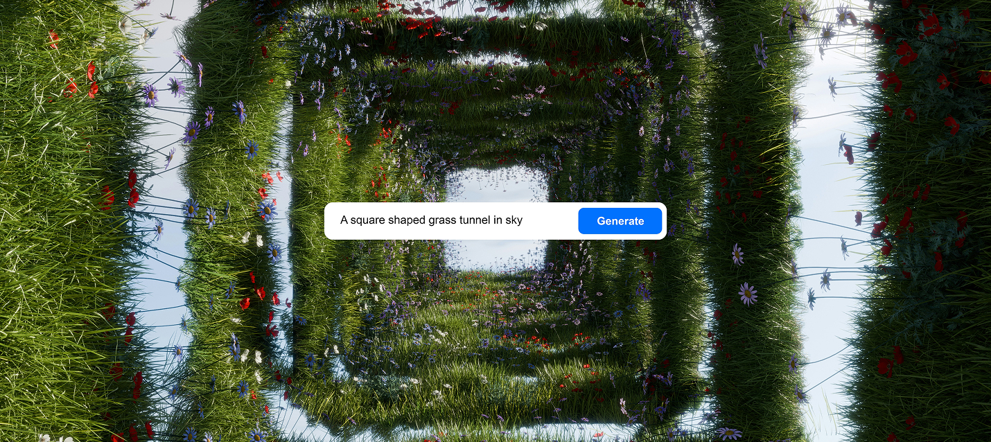 3D-generated surreal square tunnel made of grass and flowers with a floating search bar that says “A square shaped grass tunnel in sky”.