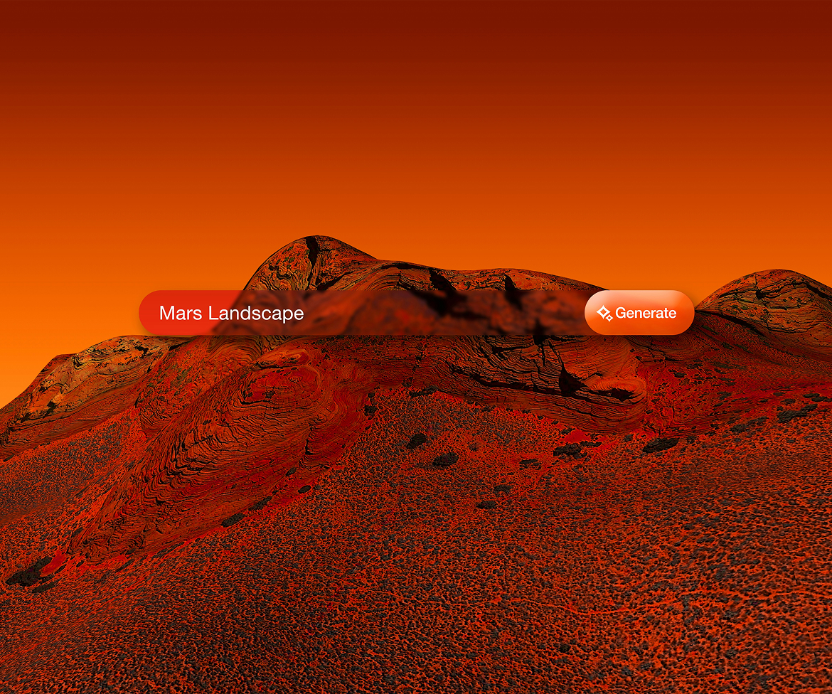 3D rendering of a surreal red Martian landscape with mountains under an orange sky, featuring a floating interface saying “Mars Landscape” and “Generate”.