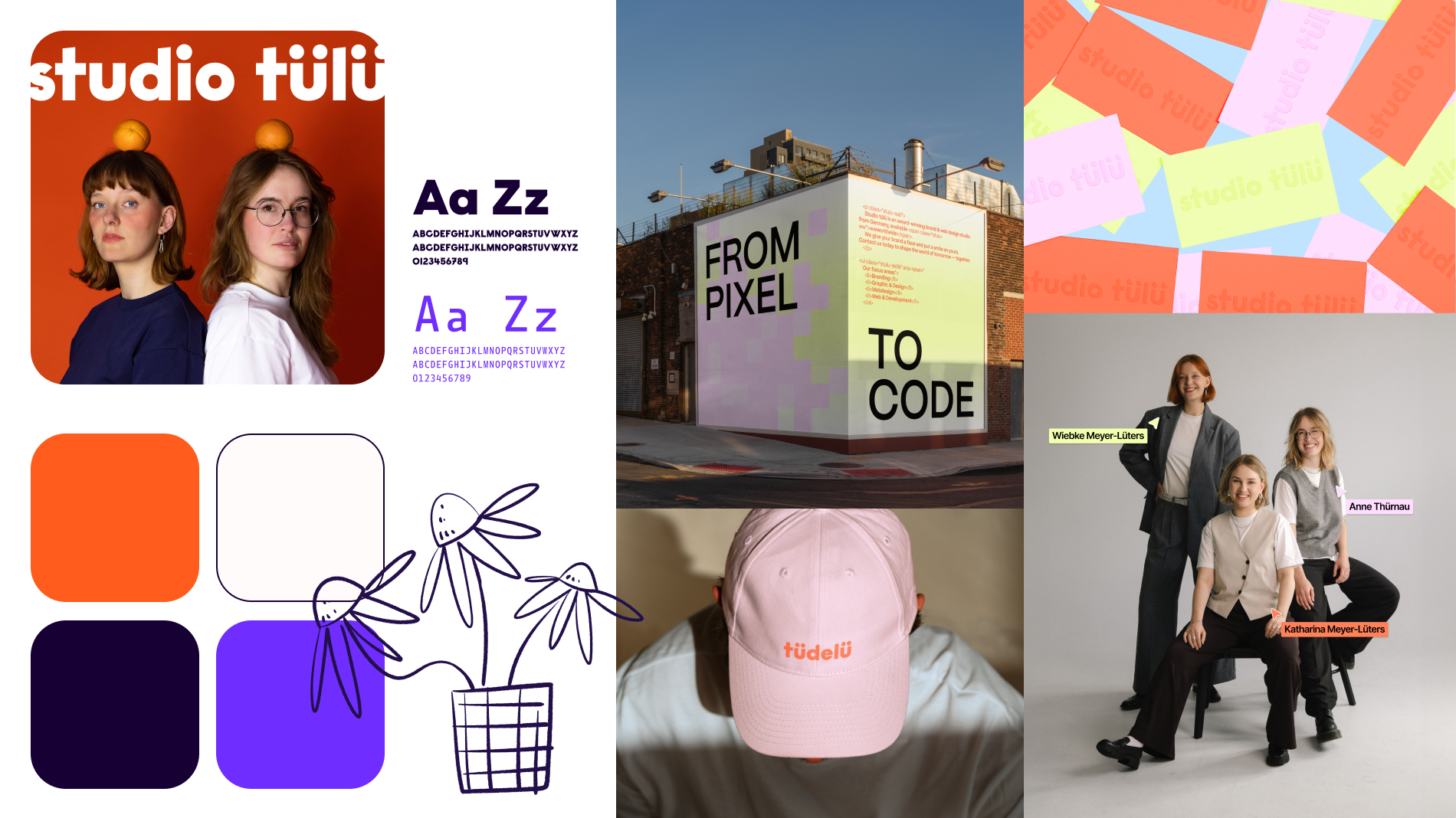 Branding collage for Studio Tülü showing portraits, typography, color palette, illustrations, and applications like caps and posters.