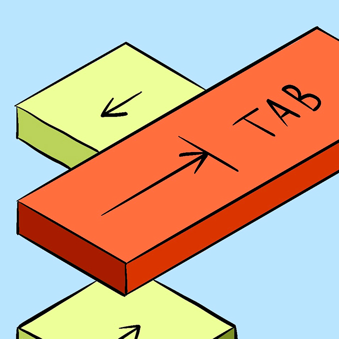 Illustration of a large orange “Tab” key surrounded by smaller green and pink keys with arrows, on a blue background.