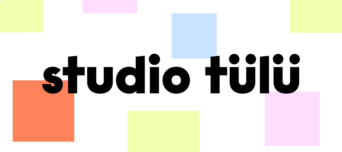 Studio Tülü logo in bold black letters on a white background with colorful squares in pastel orange, yellow, pink, and blue.