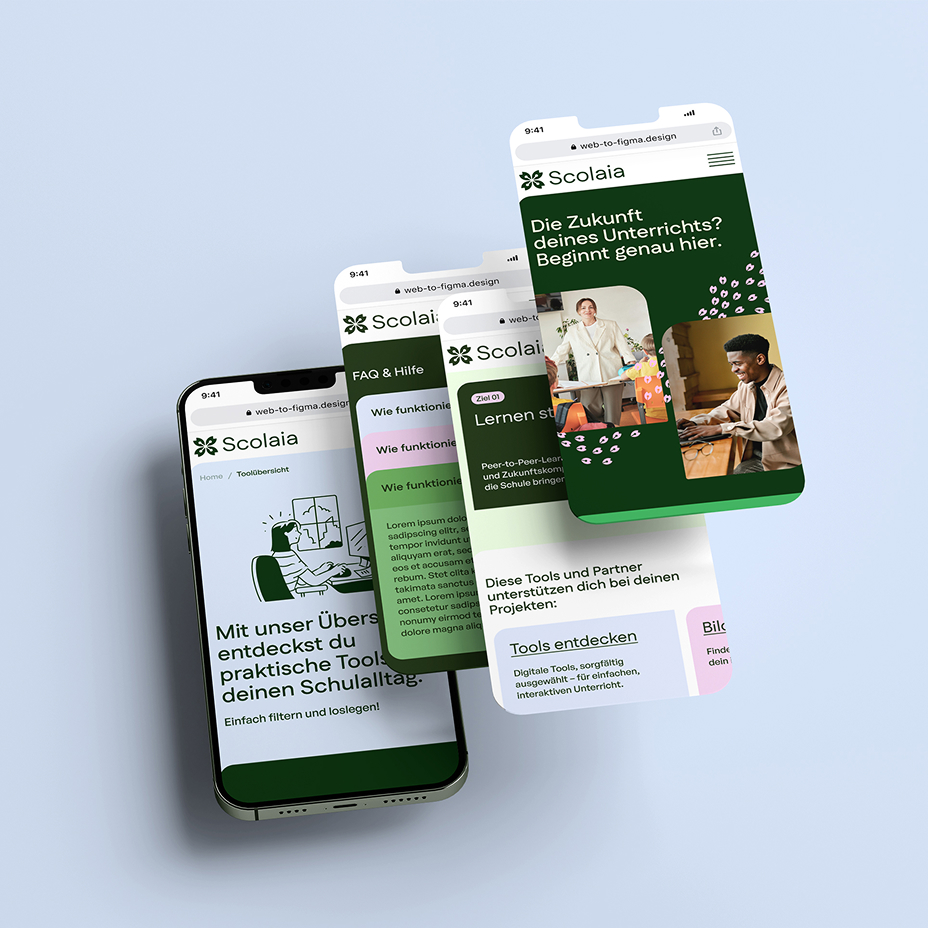 Stacked smartphone mockups displaying different screens of the Scolaia website in green and pastel tones, including the homepage, tool overview, and FAQ section.