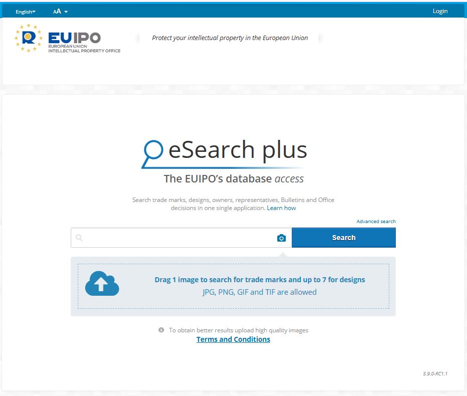 Screenshot of the EUIPO eSearch plus trademark search tool