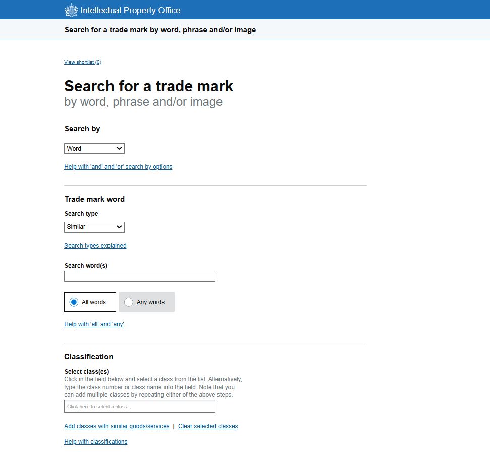 Screenshot of the UK IPO trade mark search page