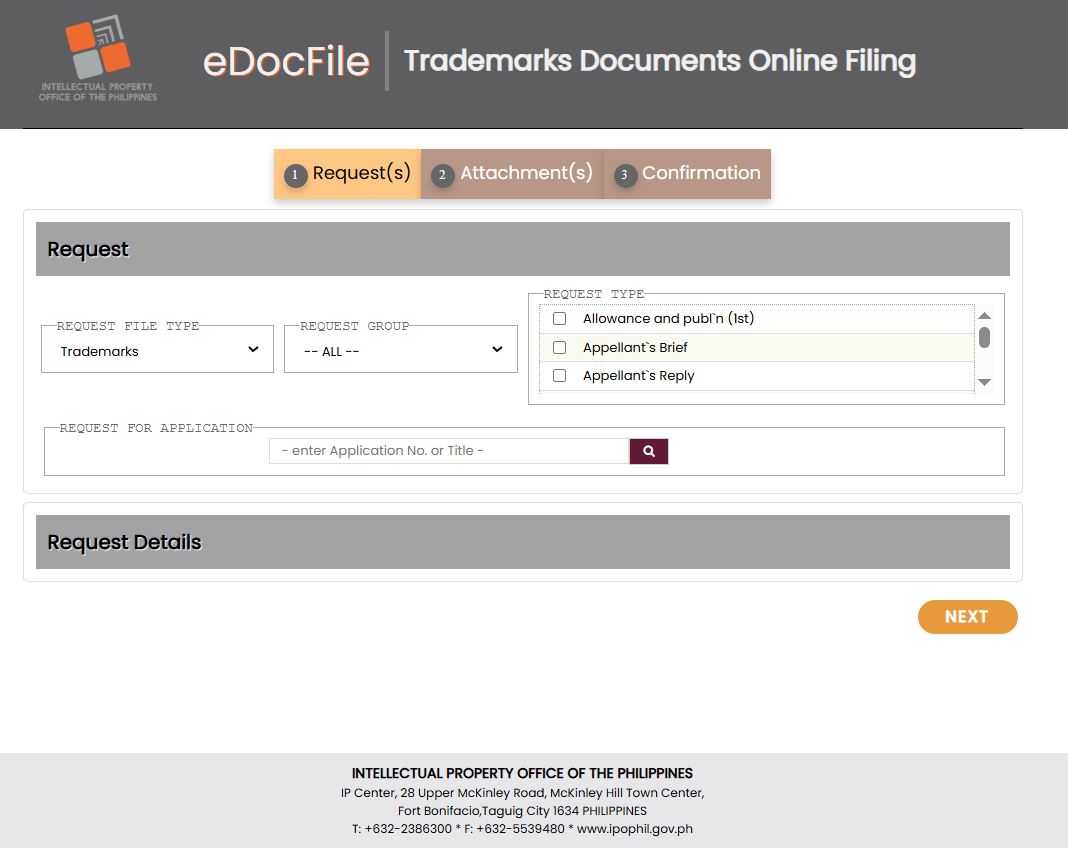 Screenshot of the IPOPHL eTMfile online trademark filing system