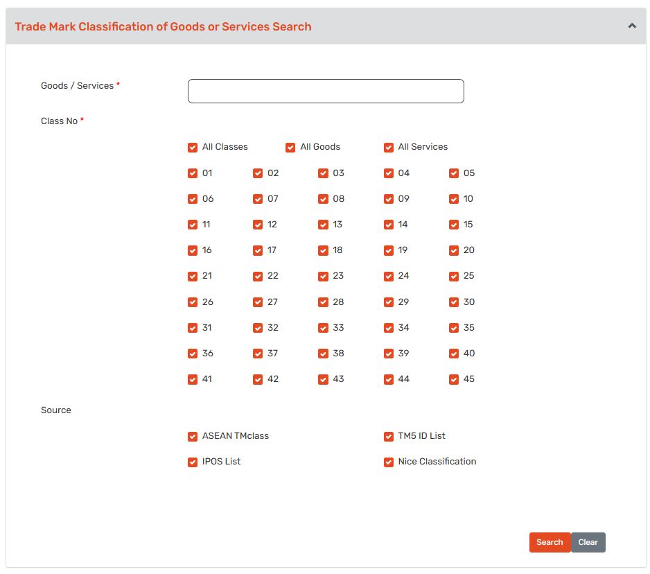 Screenshot of the IPOS online trademark class selection page