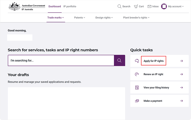 Screenshot of the IP Australia trade mark search portal
