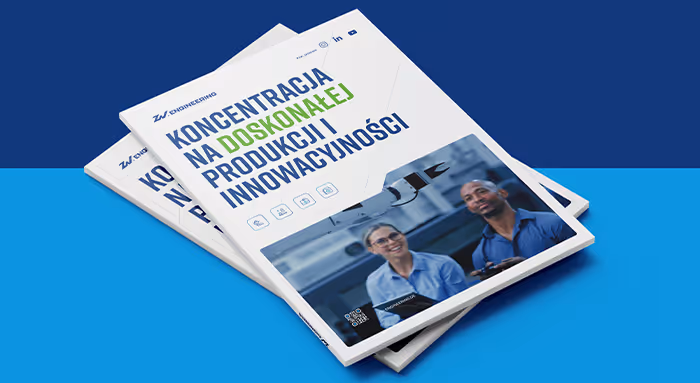 Two stacked brochures titled in Polish about focusing on perfecting production and innovation, featuring a photo of a smiling man and woman in work attire.