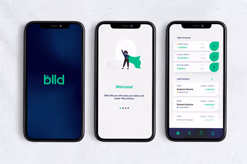 Three smartphones displaying the Bild app: a blue logo screen, a welcome screen with a person and text, and an invoice management screen with payments and transactions.