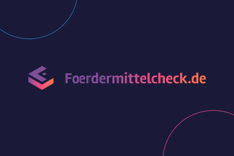 Logo with stylized geometric symbol and gradient text reading Foerdermittelcheck.de on dark blue background.