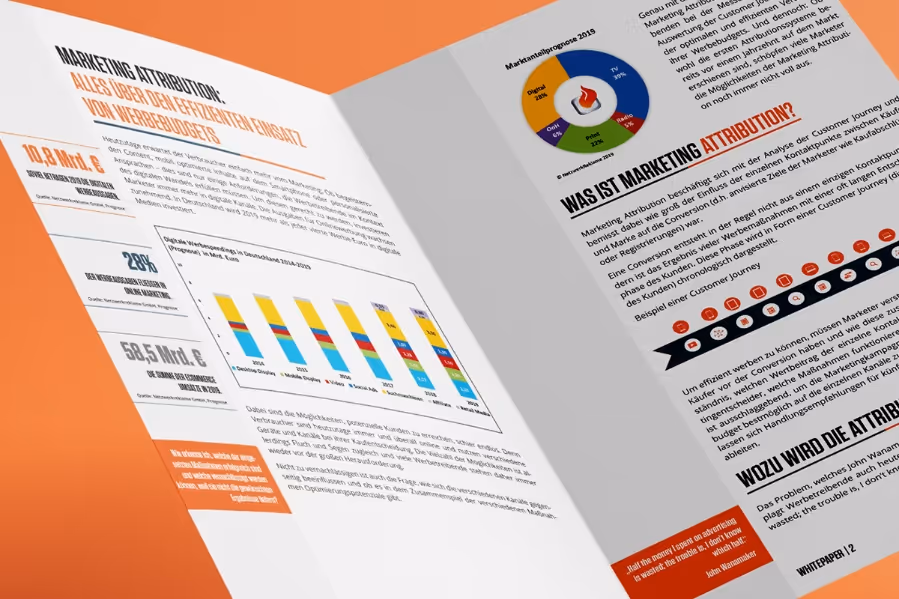 Open booklet showing German-language marketing attribution content with charts and text on an orange background.
