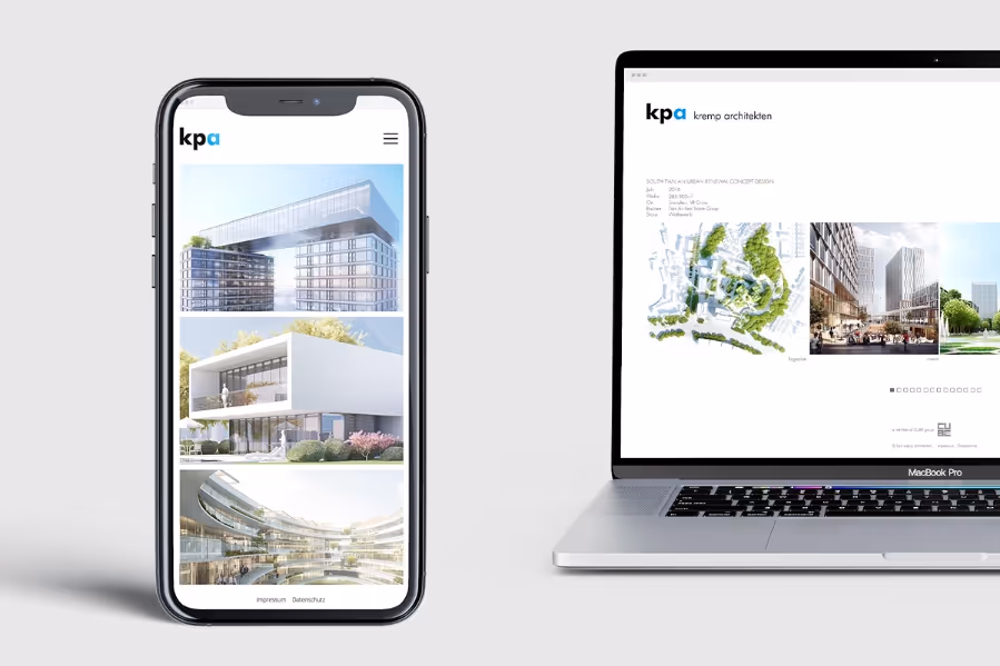 Smartphone and MacBook Pro displaying architectural designs and plans on light gray background.