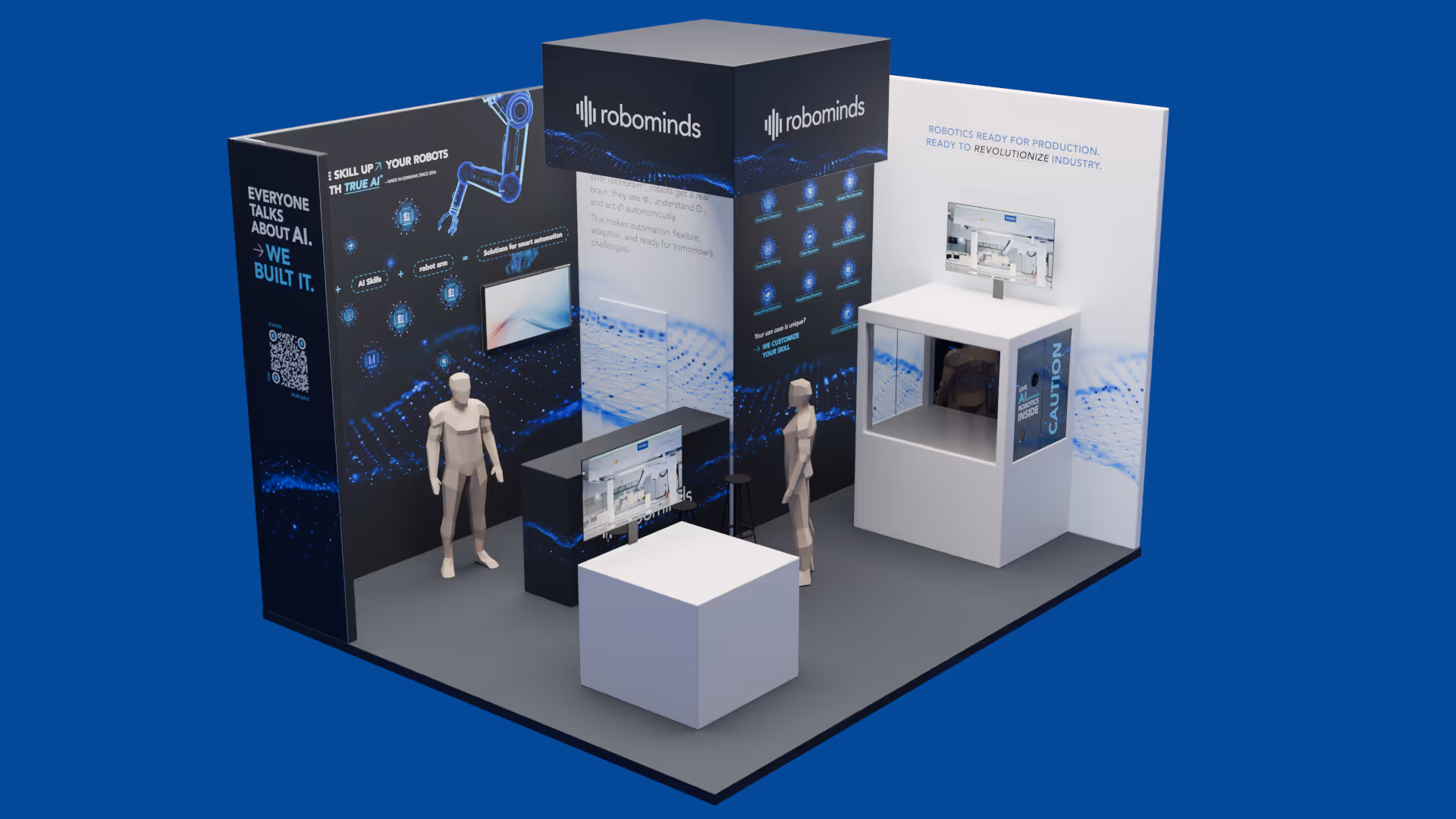 Robominds trade show booth with AI and robotics displays, featuring two mannequins and multiple monitors.
