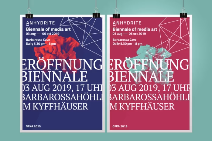 Two posters side by side for ANHYDRITE Biennale of media art 2019, with event details including date, time, and location at Barbarossa Cave.