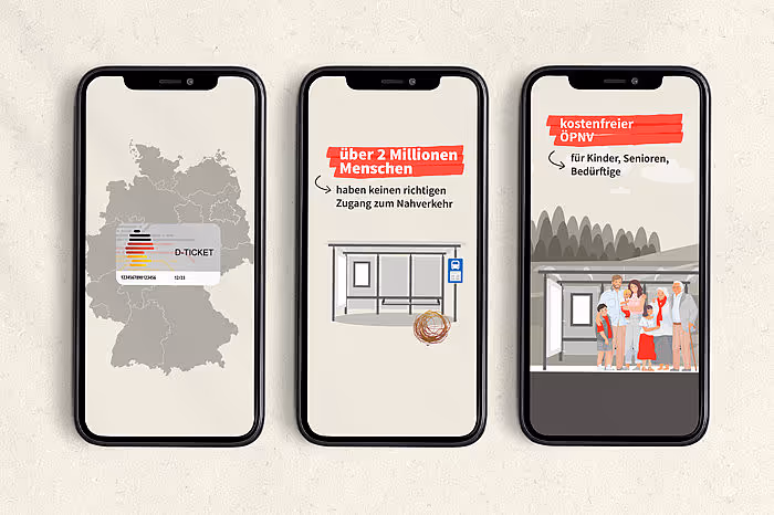 Three smartphones displaying information about public transport access in Germany, highlighting a D-Ticket, over 2 million people lacking proper local transport access, and free public transport for children, seniors, and those in need.