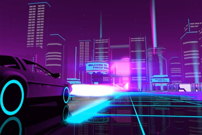 Futuristic neon-lit cityscape at night with a car emitting bright blue and white light trails speeding on a grid-patterned reflective surface.