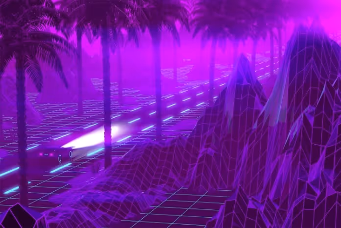 A neon purple retro-futuristic landscape with grid mountains, palm trees, and a car driving with headlights on a grid road.