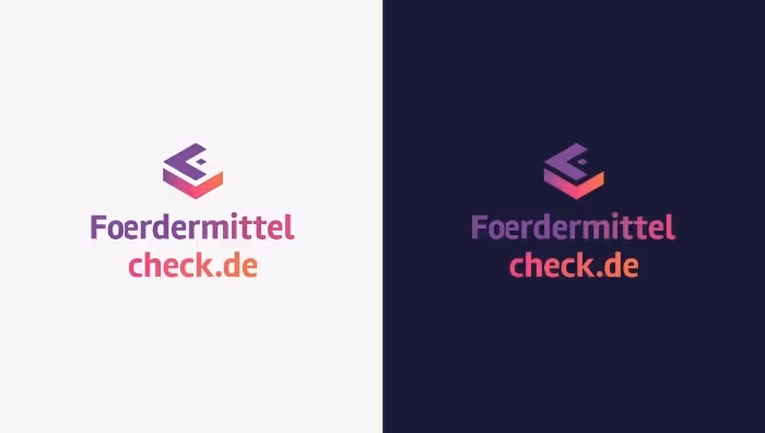Logo with stylized geometric shape above the text 'Foerdermittel check.de' in gradient purple and orange, shown on white and dark backgrounds.