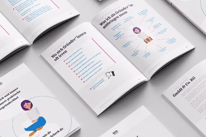 Open booklets laid out flat showing German text with headings, a cartoon woman illustration, and informational lists.