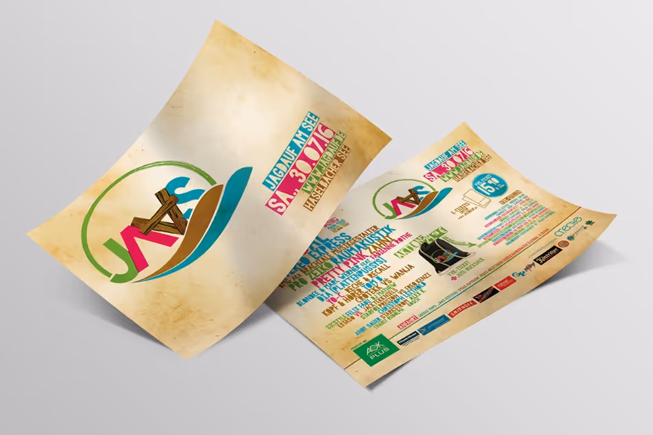 Two angled flyers with JAAS logo, event details, and colorful text on a beige background.
