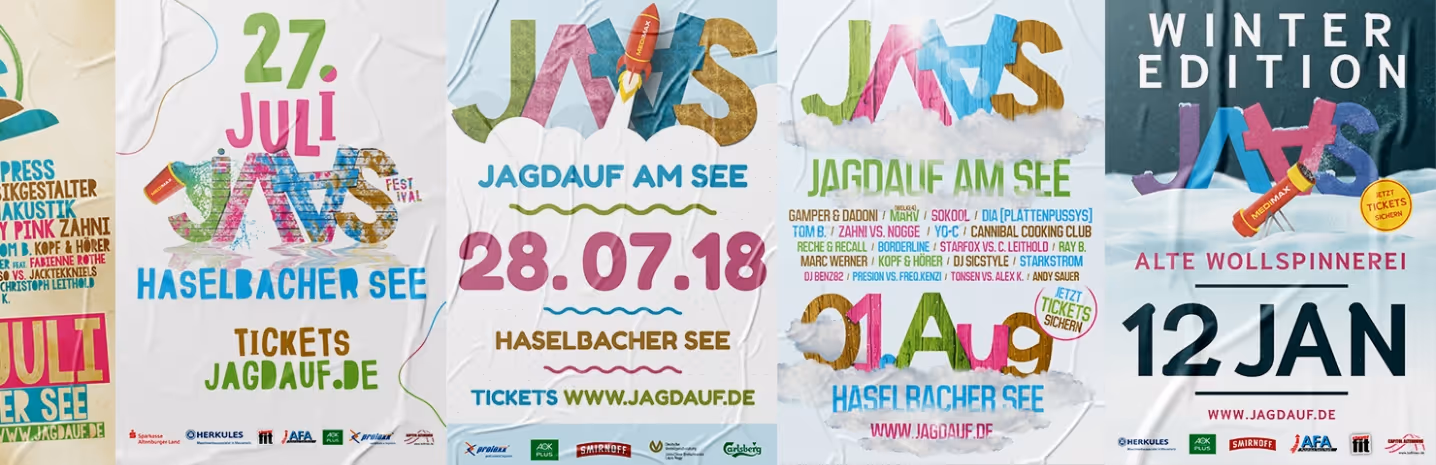 Colorful posters for JAWS music festival at Haselbacher See, showing event dates 27 July, 28 July 2018, 01 August, and Winter Edition on 12 January with ticket and website details.